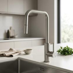 Pure.Sink Luxion Solid stainless steel kitchen faucet, square with pull-out spout PLXSQUA-02